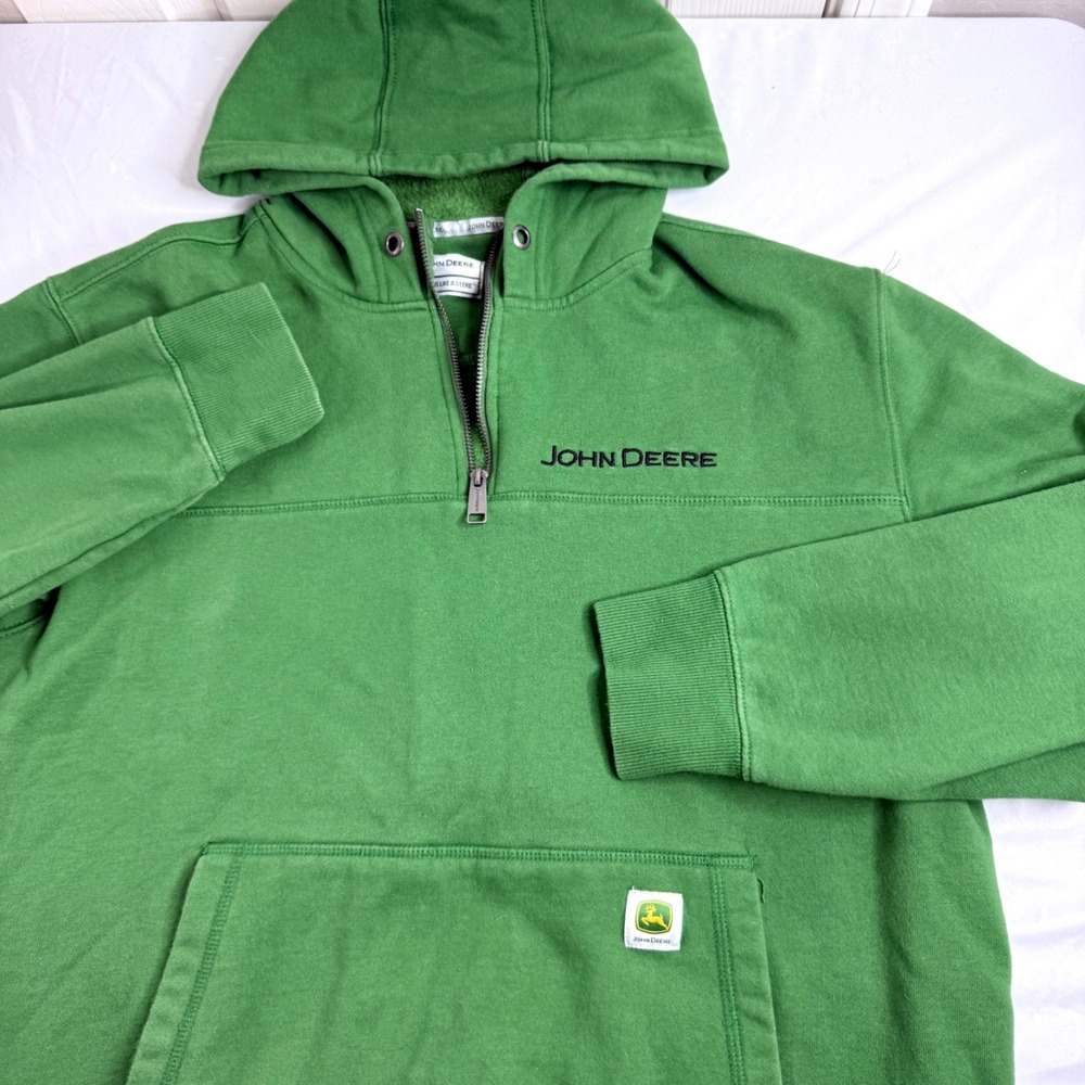 John Deere Mens Large Green Quarter Zip Hoodie Fleece Pullover Logo Patch